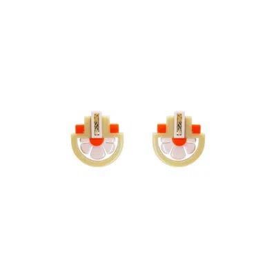 Gissa Bicalho Women's Neutrals Acrylic Handmade Earring Three Flowers Kahki In Gold