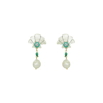 Gissa Bicalho Women's Neutrals / Green Acrylic Handmade Earring Shell And Pearl Pendant Turquoise Green In White
