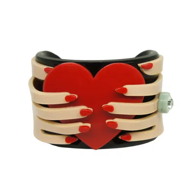Gissa Bicalho Women's Orange Acrylic Handmade Bracelet Hands & Heart In Red