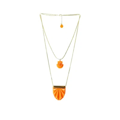 Gissa Bicalho Women's Orange Handmade Acrylic Necklace Double Charm Papyrus Living Coral In Multi