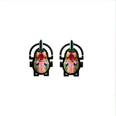 Gissa Bicalho Women's Pink / Black Handmade Acrylic Earring Scarab Embroidered Candy Pink In Multi