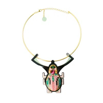 Gissa Bicalho Women's Pink / Black Handmade Acrylic Necklace Scarab Embroidered Candy Pink In Multi