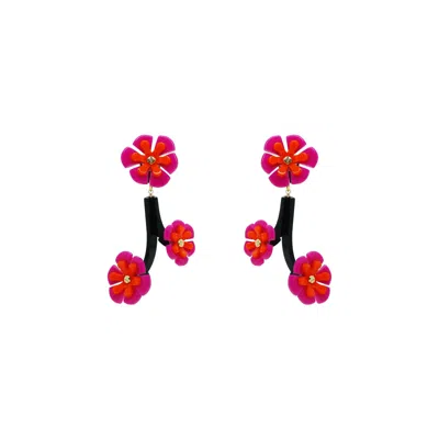 Gissa Bicalho Women's Red Handmade Acrylic Earring Branch Daisies Pink