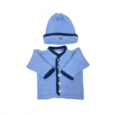 Gita Kids' Boy's 2pc Light Blue Cotton Sweater With Navy Trim & Hat