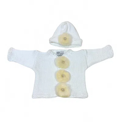 Gita Kids' Girl's 2pc Cotton Sweater With Rabbit Fur Button In White With Off White Button In Gray