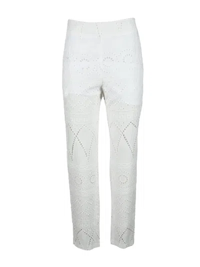 Giulia N Cropped White Cotton Trousers With Eyelet Embroidery