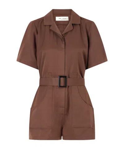 Giuliva Heritage Collection Belted Silk And Linen-blend Playsuit In Brown