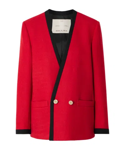 Giuliva Heritage Collection Red And Black Color-block Cross Front Wool Jacket