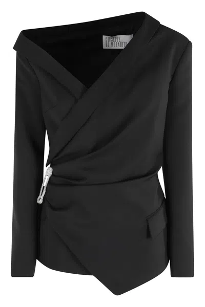 GIUSEPPE DI MORABITO ASYMMETRICAL BLACK BLAZER WITH RHINESTONE PIN
