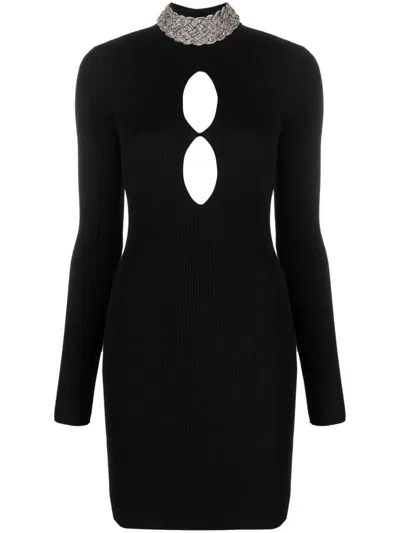 GIUSEPPE DI MORABITO BLACK CRYSTAL EMBELLISHED WOOL MINI DRESS WITH CUT-OUT DETAILS