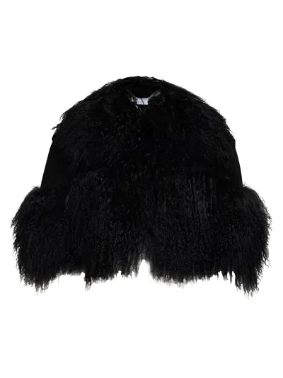 Giuseppe Di Morabito Black Double Broadcloth And Mongolian Fur Cropped Jacket In Animal Print
