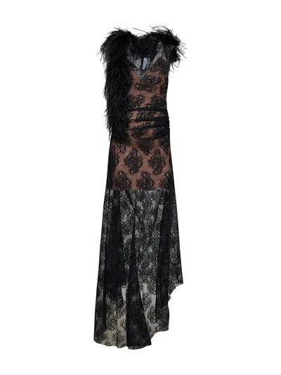 Giuseppe Di Morabito Black Lace Long Dress With Feather Trim
