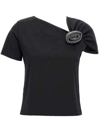 Giuseppe Di Morabito Rhinestone Floral Brooch One-shoulder Top In Black