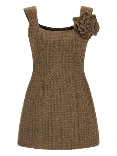 Giuseppe Di Morabito Brown Knitted Wool Mini Dress With Brooch Detail In Multi