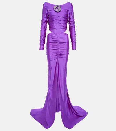 Giuseppe Di Morabito Floral-detail Ruched Silk Gown In Purple