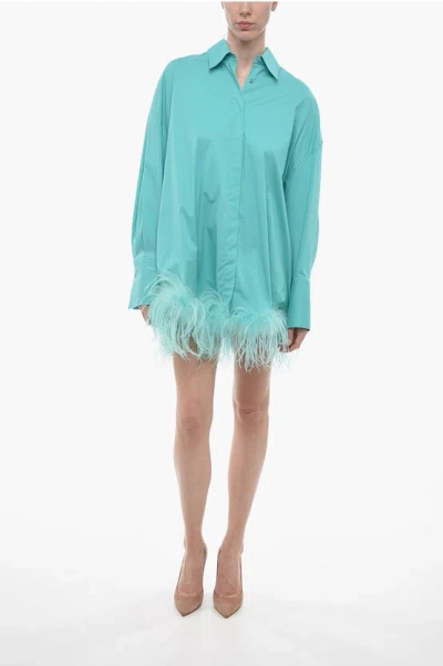Giuseppe Di Morabito Cotton Shirt Dress With Ostrich Feathered Bottom In Blue