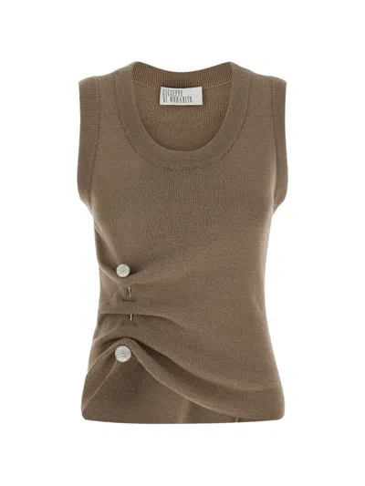 Giuseppe Di Morabito Jewel Brooch Knit Top Sleeveless Ruched In Brown