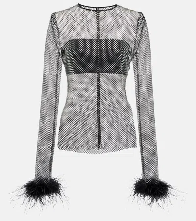 Giuseppe Di Morabito Embellished Feather-trimmed Net Top In Black