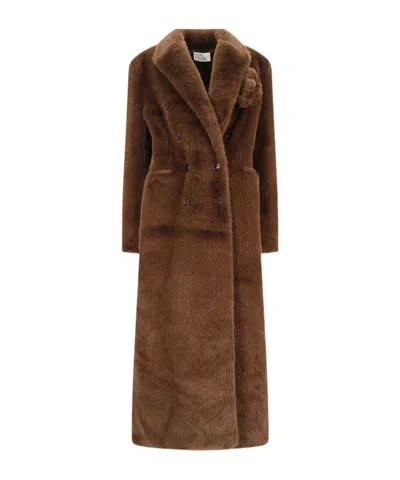 Giuseppe Di Morabito Faux-fur Floral-brooch Coat In Brown