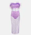 Giuseppe Di Morabito Feather-trim Mesh Midi Dress Set In Purple