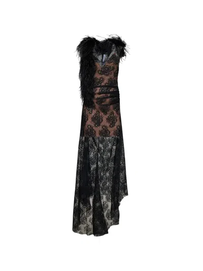 Giuseppe Di Morabito Feather-trim Lace-overlay Asymmetric Dress In Black