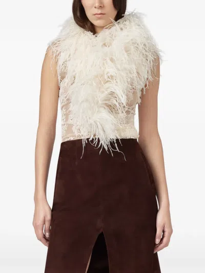 Giuseppe Di Morabito Feather-trim Lace-overlay Top In Neutral