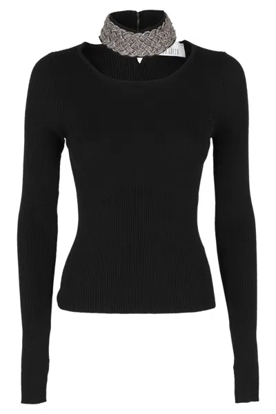 GIUSEPPE DI MORABITO GIUSEPPE DI MORABITO FITTED BLACK MERINO WOOL KNIT CRYSTAL TOP