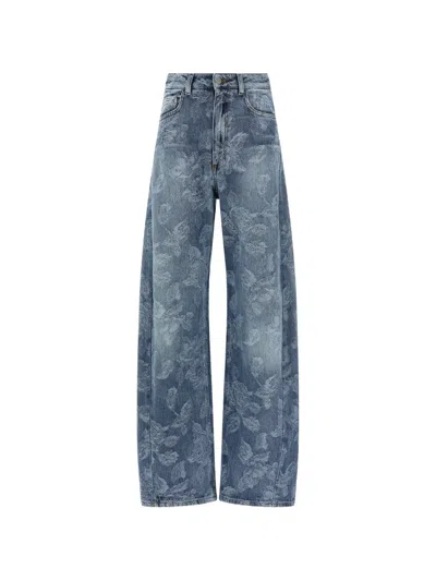 Giuseppe Di Morabito Floral Jacquard Denim Trousers Front Back Pockets In Blue