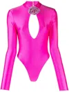 Giuseppe Di Morabito Stretch Shiny Jersey Bodysuit W/ Flower In Rosa