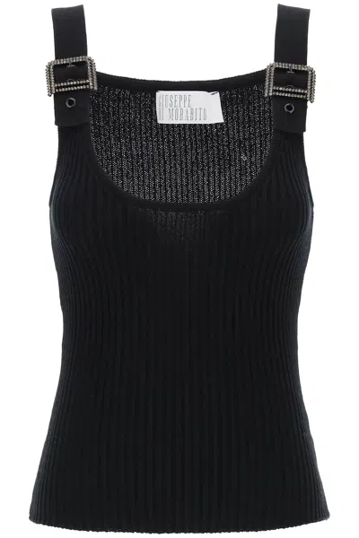 Giuseppe Di Morabito Ribbed Cotton Knit Top With Rhinestone Buckles In Black