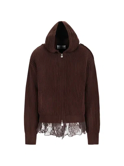 Giuseppe Di Morabito Lace-trim Ribbed-knit Hoodie In Brown
