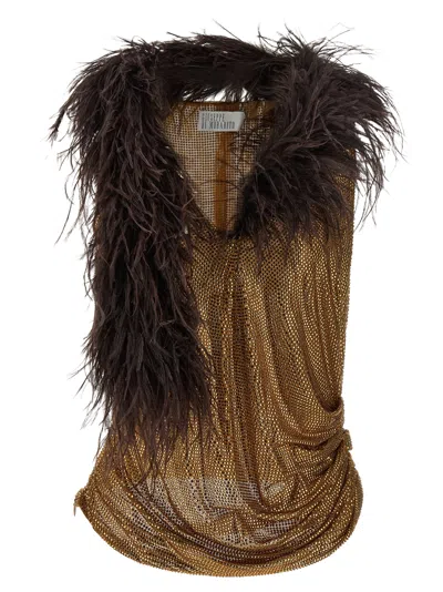 Giuseppe Di Morabito Feather-trimmed Mesh Tank Top In Brown