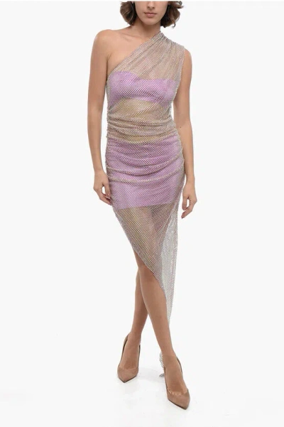 Giuseppe Di Morabito Mesh Drapped Asymmetric Dress With Rhinestone In Pink