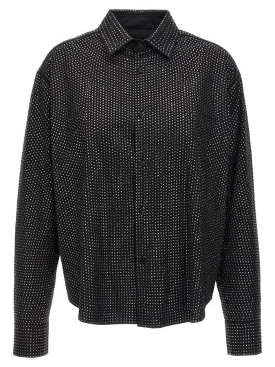 GIUSEPPE DI MORABITO RHINESTONE-EMBELLISHED BLACK COTTON SHIRT WITH FRONT POCKET