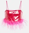 Giuseppe Di Morabito Sequined Feather-trimmed Crop Top In Mt Pink