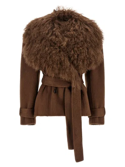 Giuseppe Di Morabito Shearling Collar Wool Coat In Brown