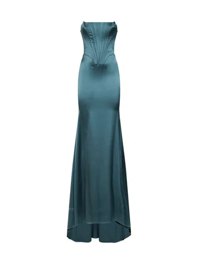 Giuseppe Di Morabito Teal Blue Stretch Satin Long Bustier Dress In Multi