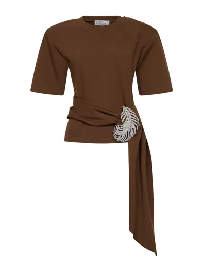 Giuseppe Di Morabito Women Brown Stretch Jersey T-shirt With Crystal Feather
