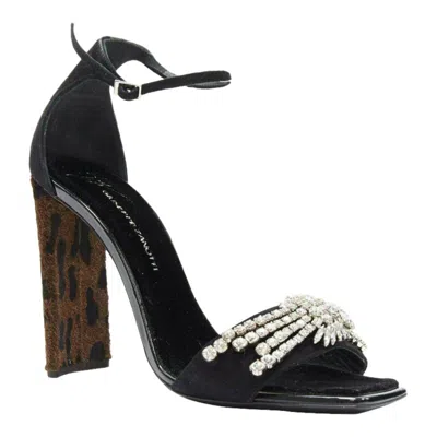 Pre-owned Giuseppe Zanotti 2017 Sabine Black Suede Crystal Embellished Leopard Sandal Eu39