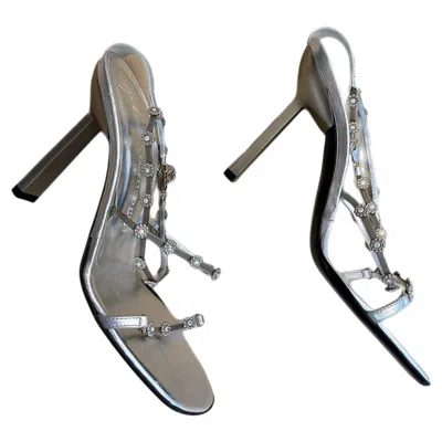 Pre-owned Giuseppe Zanotti 90's Vintage Silver Crystal Flower Chain Strap Sandals Heels
