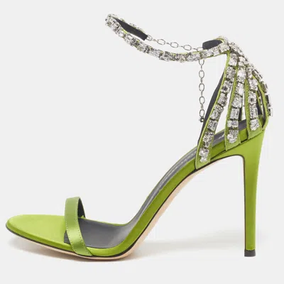 Pre-owned Giuseppe Zanotti Adele Size 38 Green Satin Crystal Embellished Ankle Strap Sandals