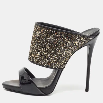 Pre-owned Giuseppe Zanotti Andrea Size 37 Black/gold Glitter And Patent Leather Slide Sandals