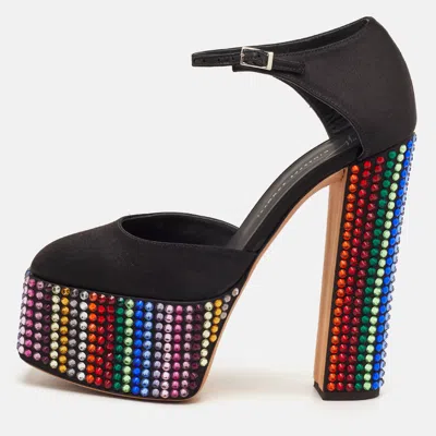 Pre-owned Giuseppe Zanotti Bebe Strass Size 37 Black Satin Crystal Embellished Platform Ankle Strap Pumps