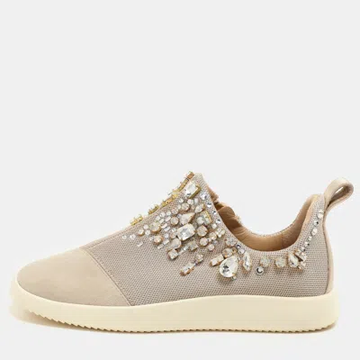 Pre-owned Giuseppe Zanotti Beige Crystal Embellished Suede And Mesh May London Slip On Sneakers Size 36.5