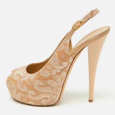 Pre-owned Giuseppe Zanotti Beige Lace Peep-toe Slingback Sandals Size 40