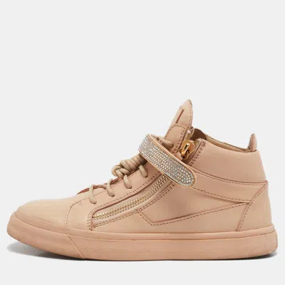 Pre-owned Giuseppe Zanotti Beige Leather Crystal Embellished Coby High Top Sneakers Size 40