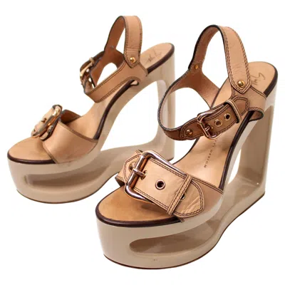 Pre-owned Giuseppe Zanotti Beige Leather Cut-out Wedge Sandals In Brown
