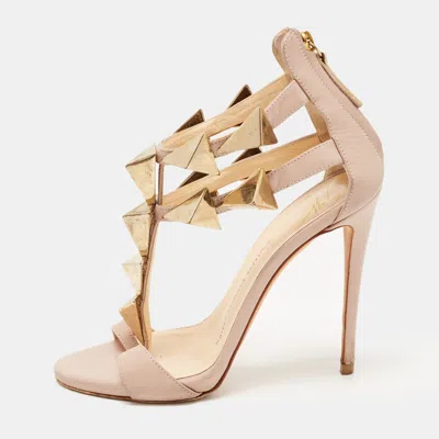 Pre-owned Giuseppe Zanotti Beige Leather Pyramid Studs Embellished Sandals Size 37