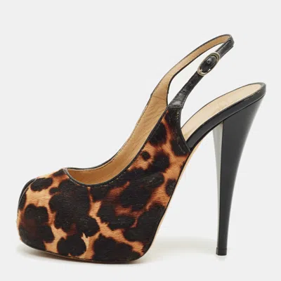 Pre-owned Giuseppe Zanotti Beige Leopard Print Calf Hair And Leather Peep Toe Slingback Pumps Size 38 In Sand