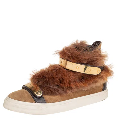 Pre-owned Giuseppe Zanotti Beige Suede And Fur Trim High Top Sneakers Size 38